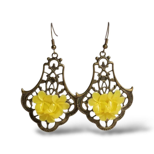 Antique Bronze Floral Drop Earrings, Handmade 3D Statement Dangles
