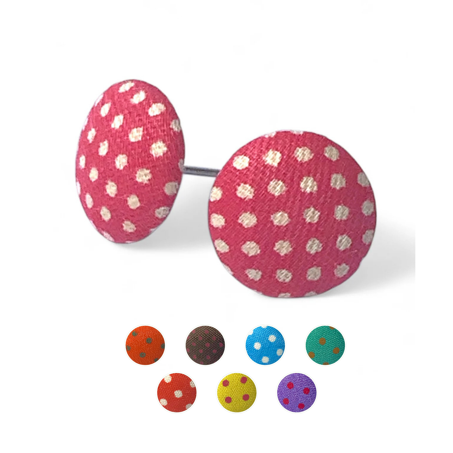 Polka Dot Fabric Button Stud Earrings 12mm Stainless Steel Handmade Colourful Jewellery