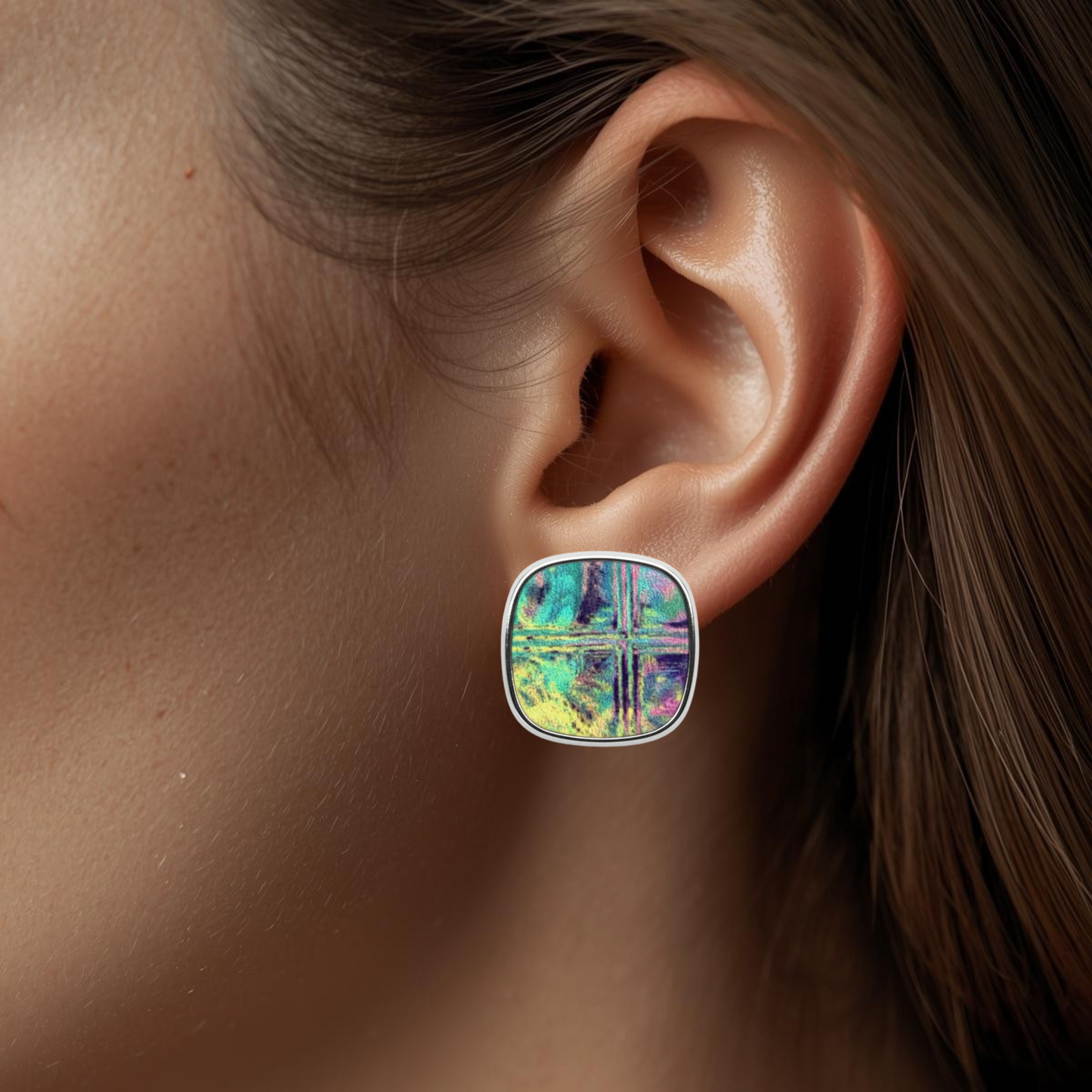 Colourful Printed Square Stud Earrings – 23mm Handmade on Stainless Steel Base