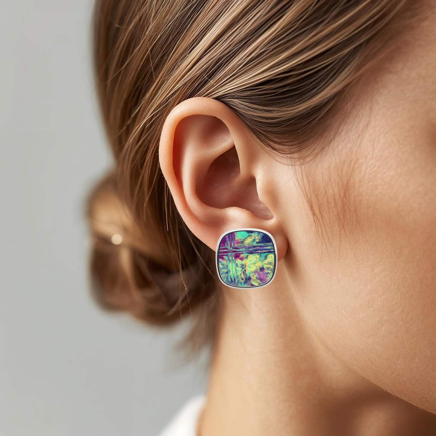 Colourful Printed Square Stud Earrings – 23mm Handmade on Stainless Steel Base