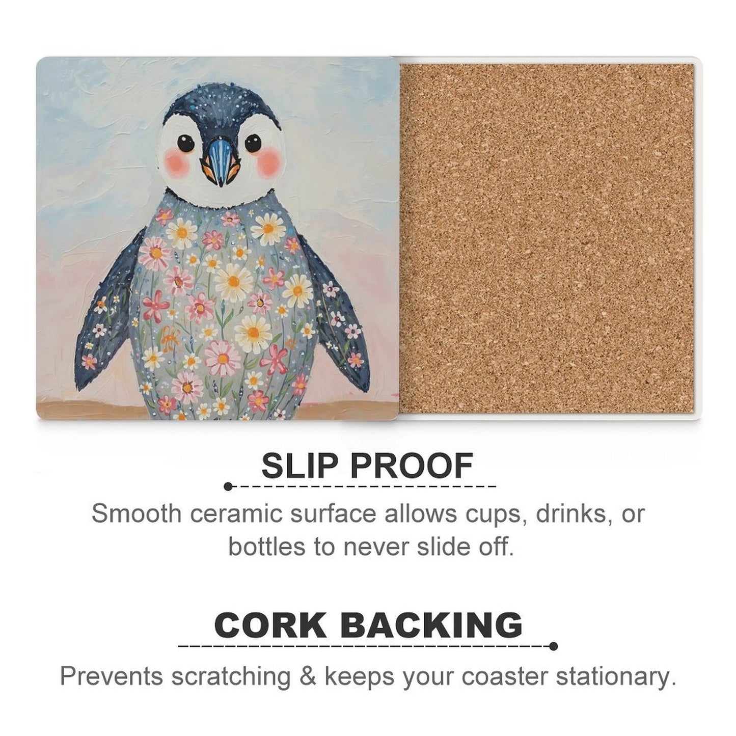 Floral Penguin Ceramic Coasters (Set of 4 or 6)