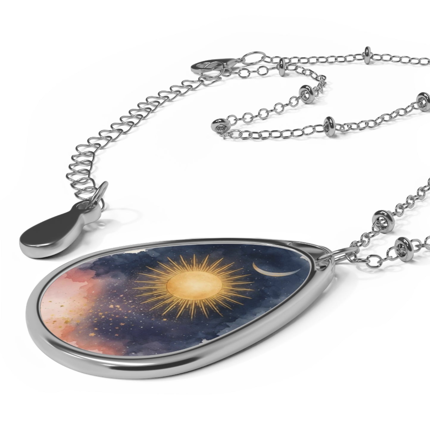Celestial Sun & Moon Oval Necklace, Cosmic Art Pendant Jewelry, Customizable Ellipse Charm, Unique Personalized Gift, Shiny Statement