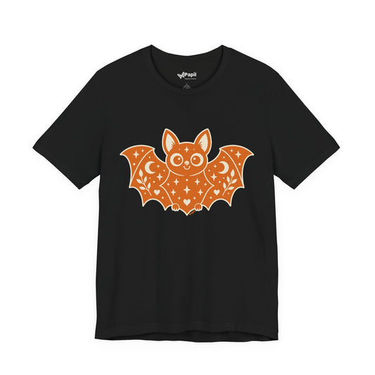 Soft But Spooky — Cute Halloween Bat Graphic Tee Orange Bat Black Tee