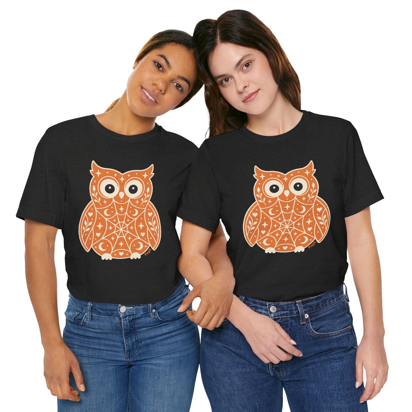Enchanted Owl Halloween Tee, Whimsical Woodland Graphic (Orange)