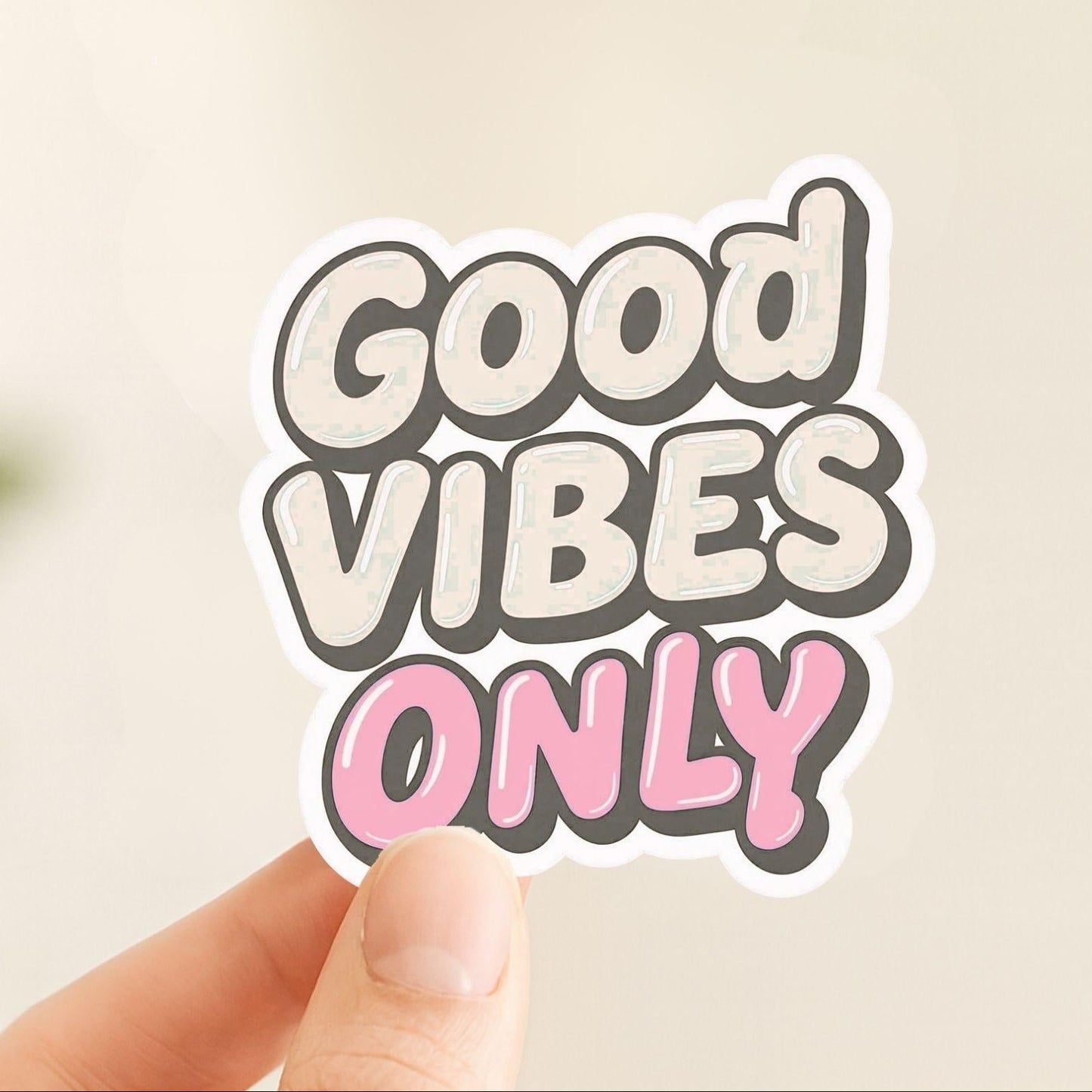 Good Vibes Only Retro Bubble Letter White Vinyl Sticker (6 × 6.5 cm, Kiss-Cut)