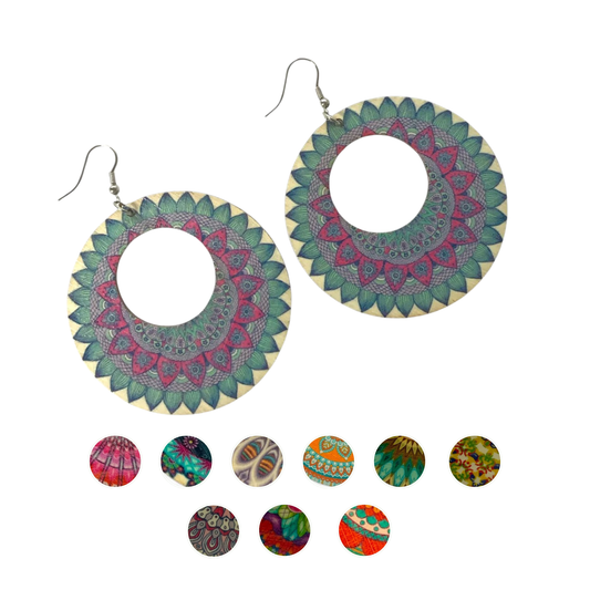 Boho Wooden Drop Earrings, Handmade Double-Sided Printed Statement Pieces
