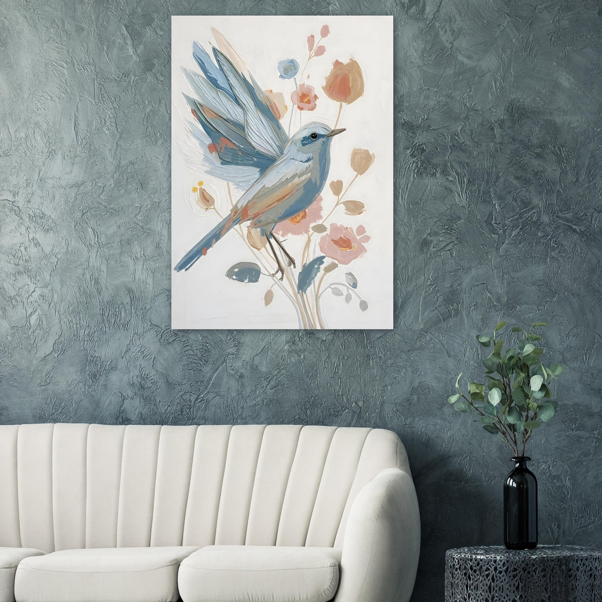 Abstract Impressionist Bird & Blossom Fine Art Poster - Soft Blue & Blush Hues