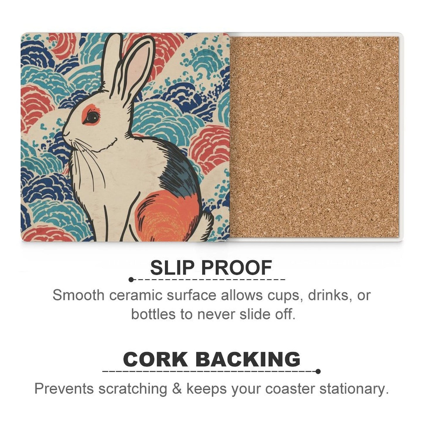 Vivid Rabbit Japanese Ukiyo-e Inspired Ceramic Coasters (Set of 4 or 6)