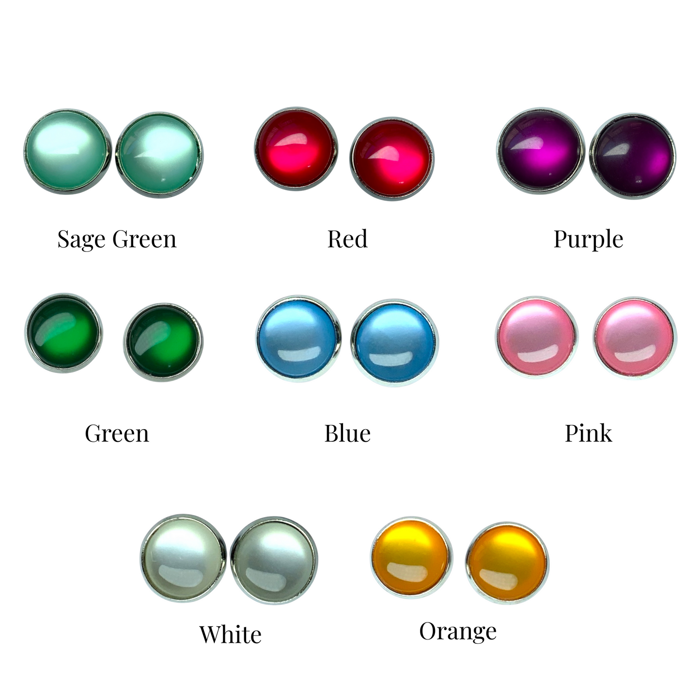 Glossy Shiny Dome Resin Silver Stud Earrings - Multiple Colours