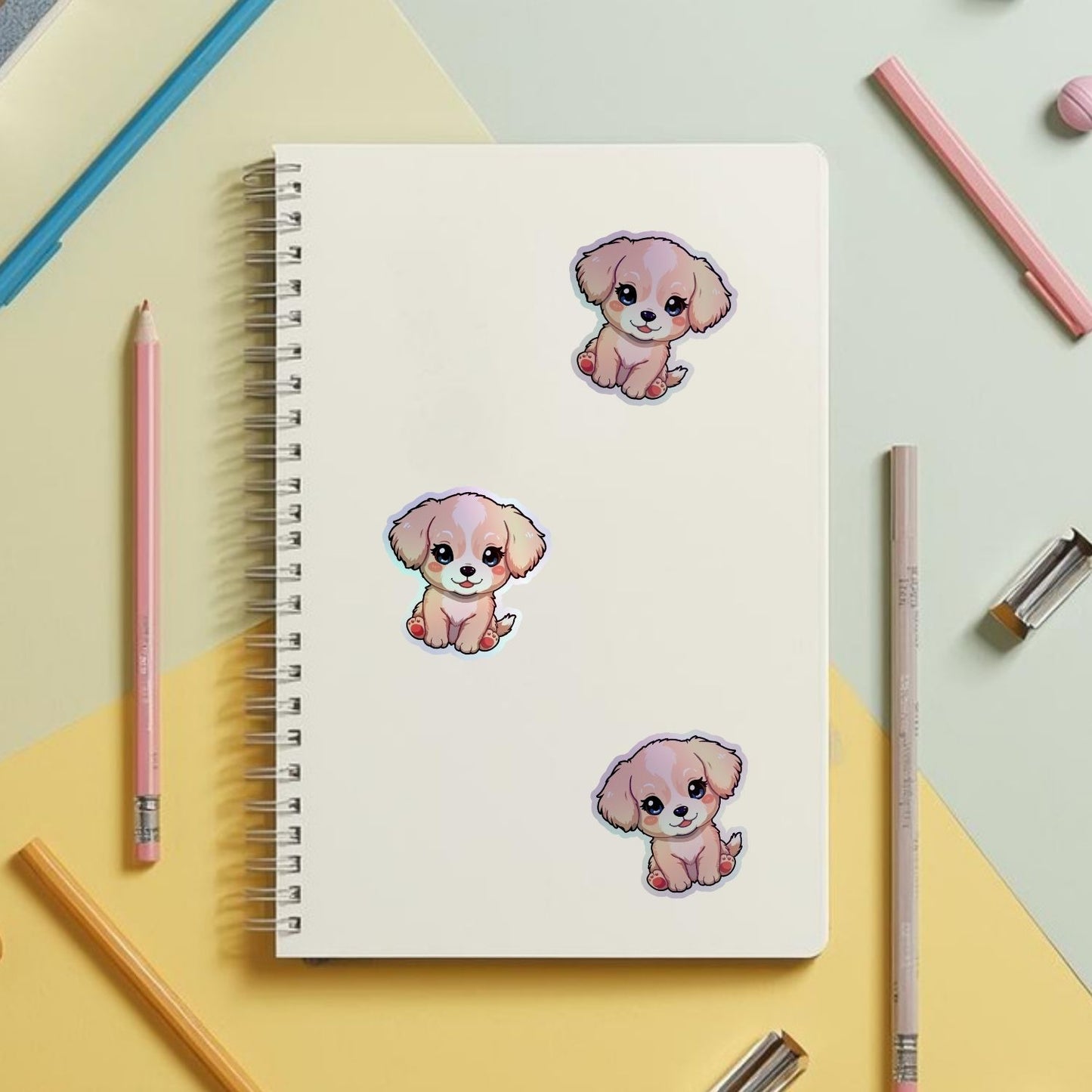 Kawaii Puppy Rainbow Holographic Foil Vinyl Stickers (Set of 2)