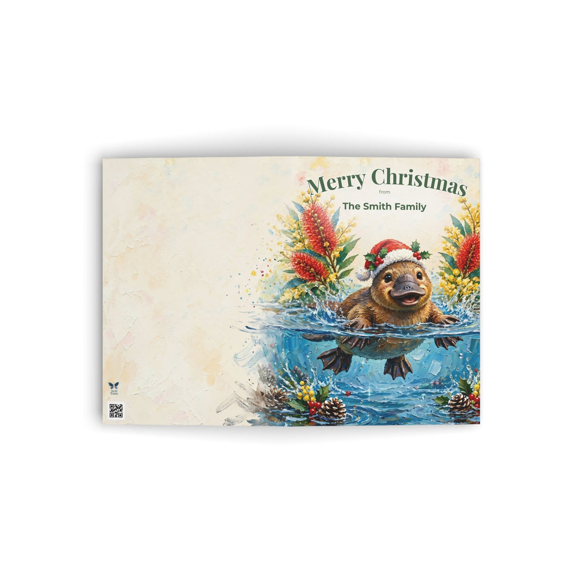 Personalised Christmas Cards Pack of 10 with Envelopes, Custom Family Name Platypus Christmas Card, Australian Animals Xmas Card Set