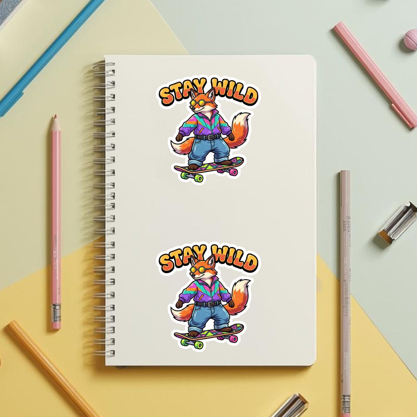 Stay Wild Skater Fox | 90s Retro | White Vinyl | Die-Cut Sticker
