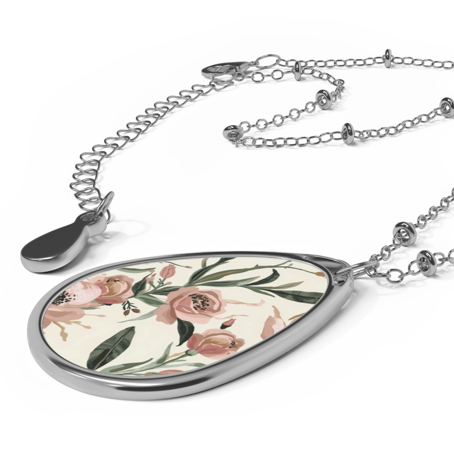 Pink Botanical Design Floral Art Oval Pendant Necklace