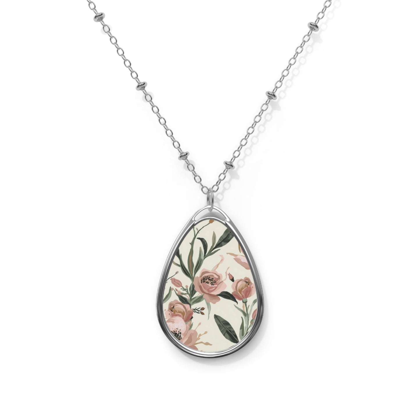 Pink Botanical Design Floral Art Oval Pendant Necklace One Size Silver