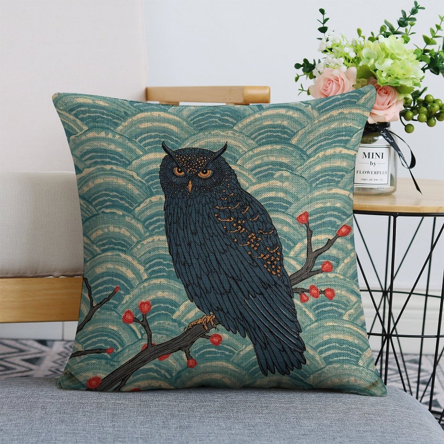 Nocturne Owl Linen Cushion Pillow Cover — Double-Sided Print, 45×45cm