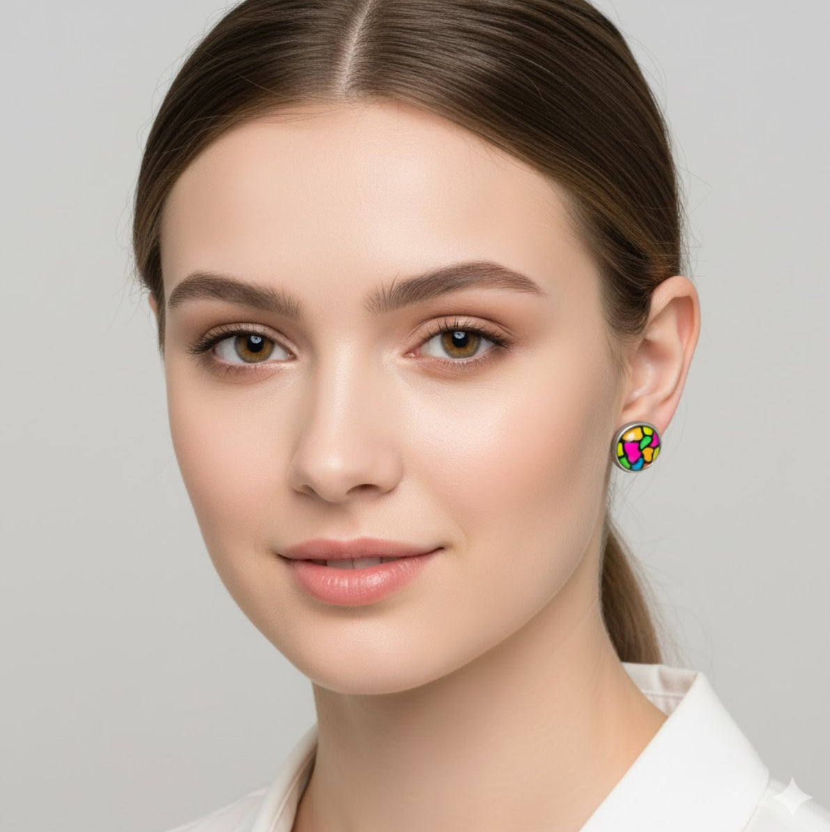 Colourful Stained Glass Style Stud Earrings – Vibrant Rainbow Pattern, Stainless Steel