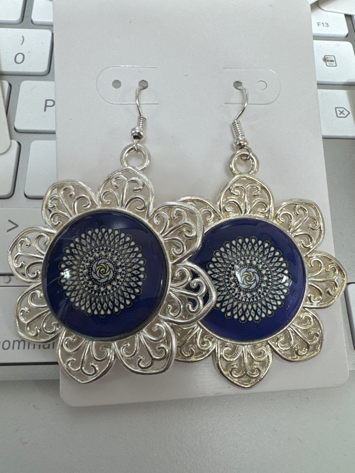 Blue Sunflower Dangle Earrings
