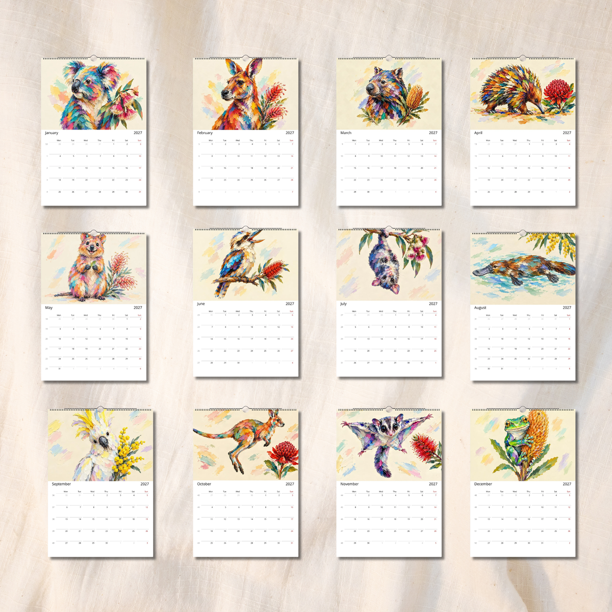 Australian Animals 2027 Wall Calendar | A3 Colourful Painted Native Wildlife Calendar
