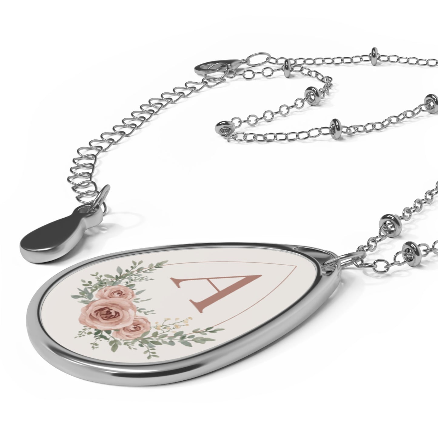 Personalised Floral Design Oval Pendant Necklace – Custom Initial Letter Jewellery