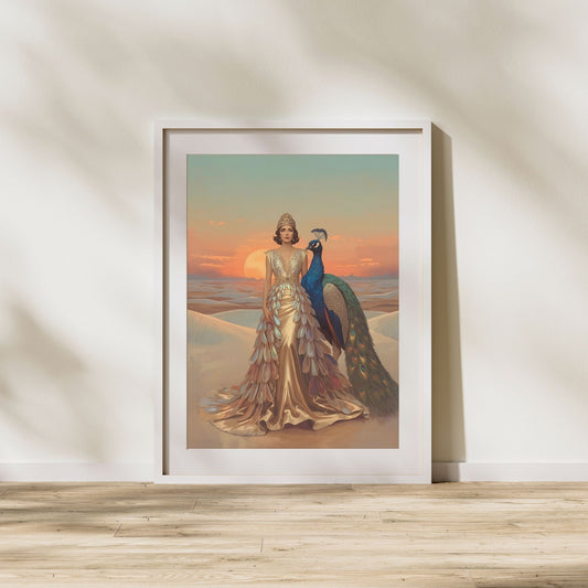 Desert Queen & Peacock Fine Art Poster – A Vibrant Oasis of Style