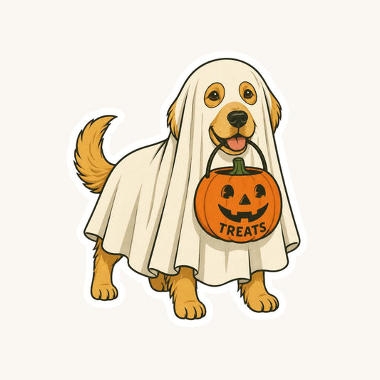 The Ghost Pup Golden Retriever | Halloween Vintage | White Vinyl | Die-Cut Sticker
