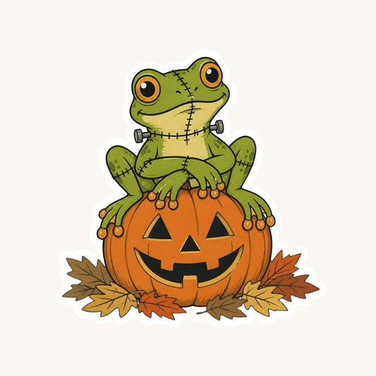 Franken-Frog on Jack-O'-Lantern | Halloween Vintage | White Vinyl | Die-Cut Sticker