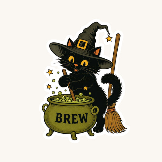 Witchy Cat Bubbling Cauldron | Halloween Vintage | White Vinyl | Die-Cut Sticker