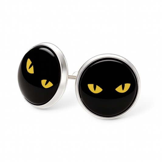 Black Cat Eyes Stud Earrings, Handmade Glass Cabochon Studs