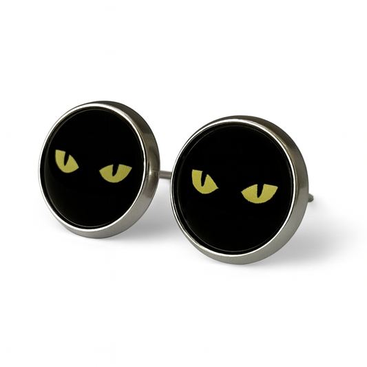 Black Cat Eyes Glass Cabochon Stud Earrings (12mm) – Stainless Steel