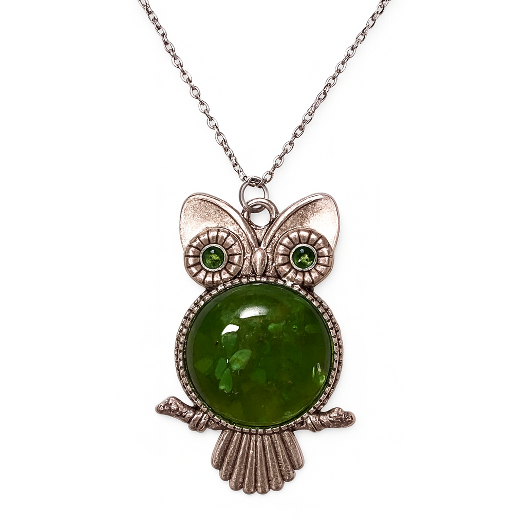 Owl Necklace – Antique Silver Rhodium Plated Pendant with Glass Dome & Rhinestone Eyes