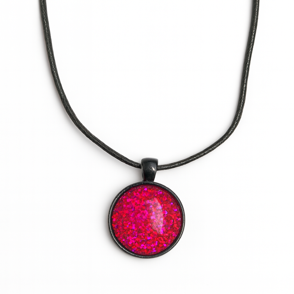 Hot Pink Glitter Resin Dome Necklace – 25mm Pendant on Black Rope Chain