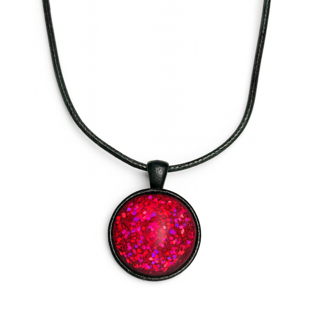 Hot Pink Glitter Resin Dome Necklace – 25mm Pendant on Black Rope Chain