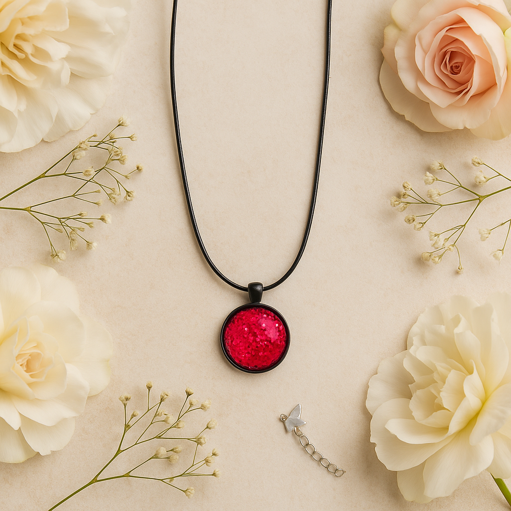 Hot Pink Glitter Resin Dome Necklace – 25mm Pendant on Black Rope Chain