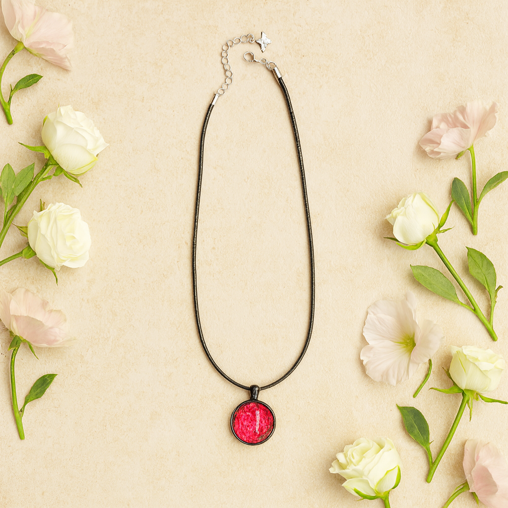 Hot Pink Glitter Resin Dome Necklace – 25mm Pendant on Black Rope Chain