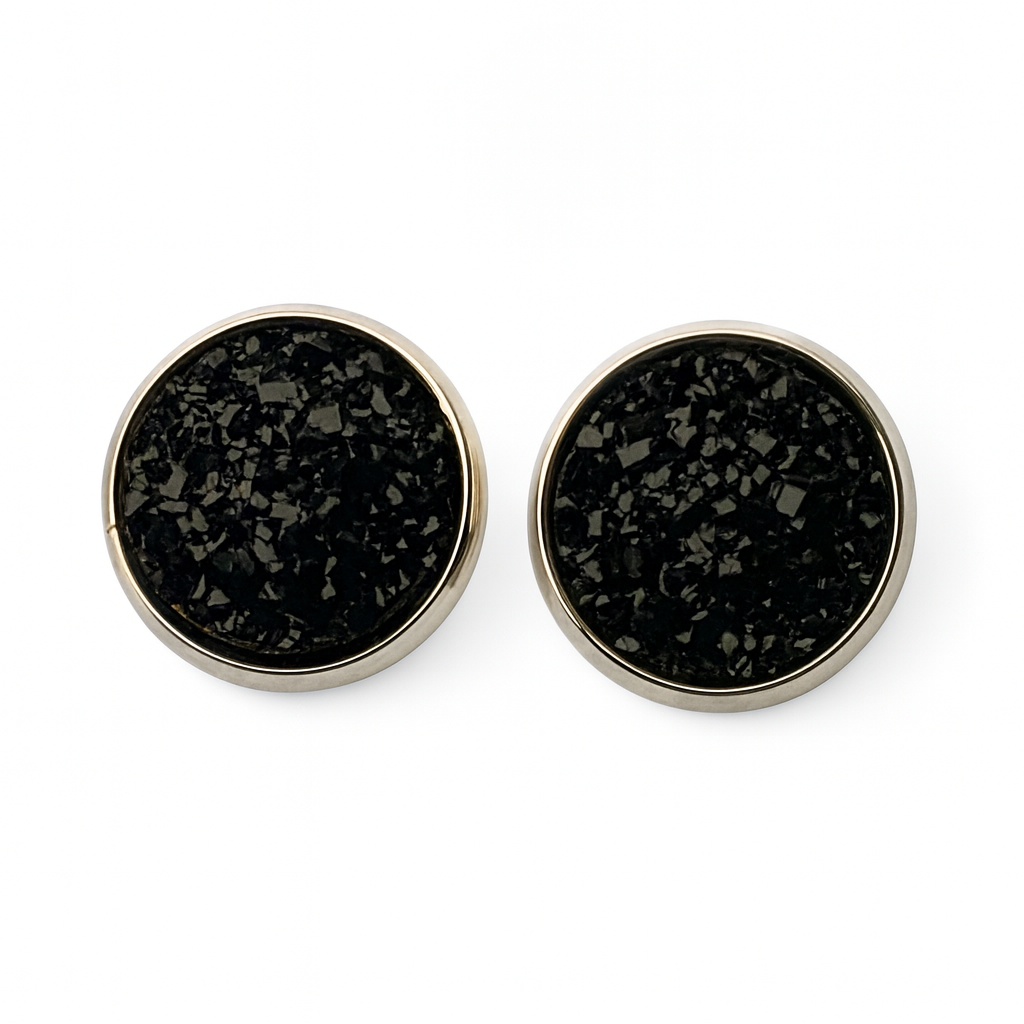 Black 3D Resin Stud Earrings – 13mm Handmade on Rhodium Plated Base