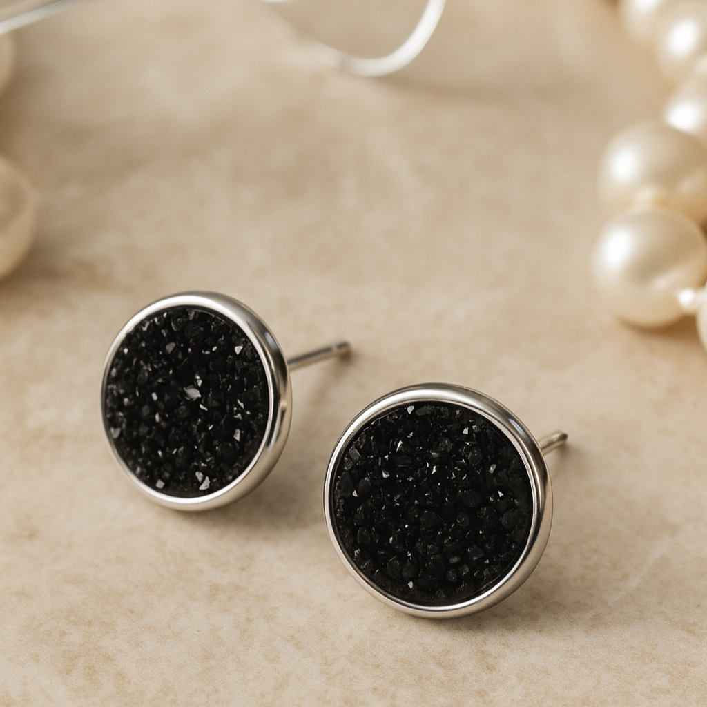 Black 3D Resin Stud Earrings – 13mm Handmade on Rhodium Plated Base