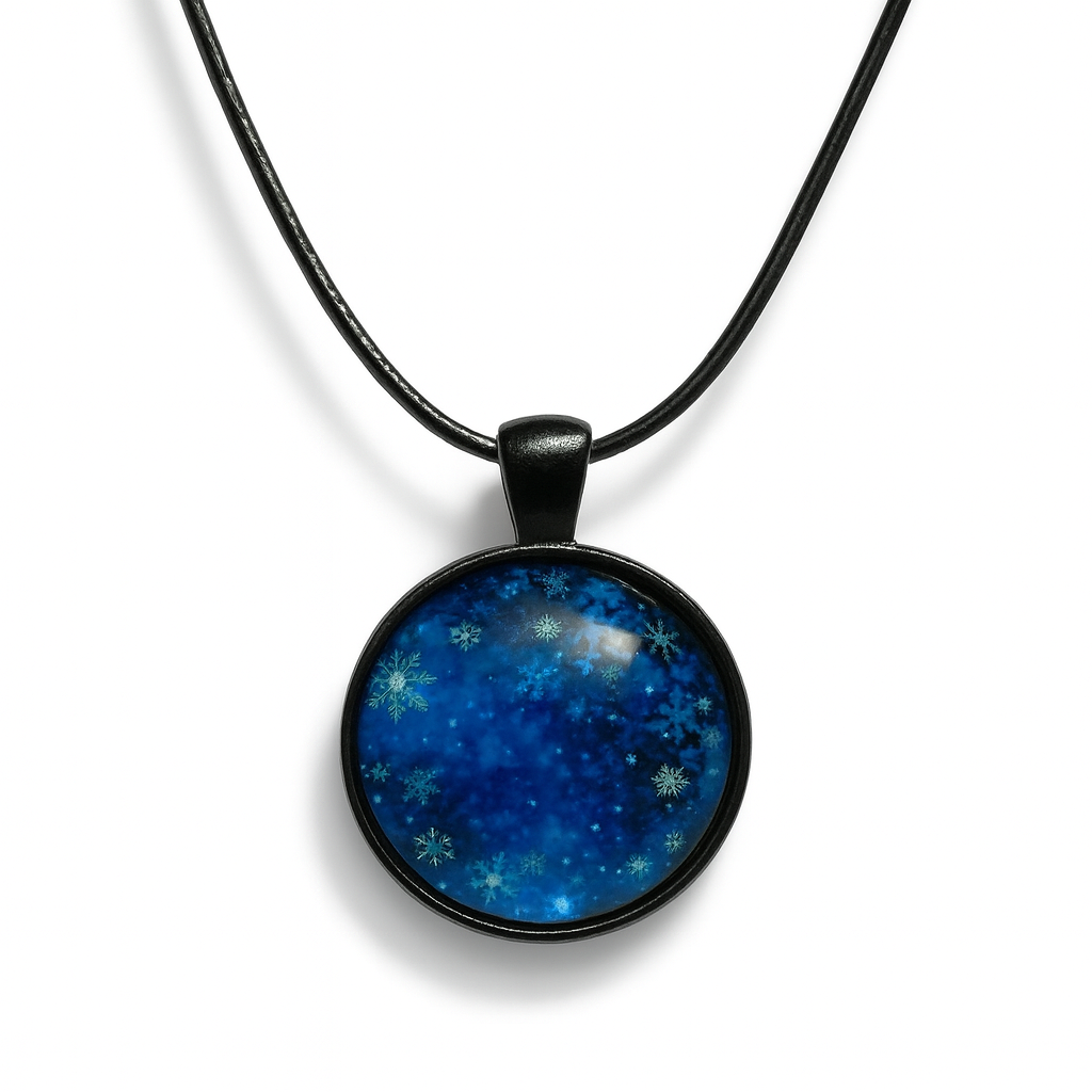 Snowflake Glass Dome Necklace – 25mm Pendant on Black or Silver Base Rope Chain Black