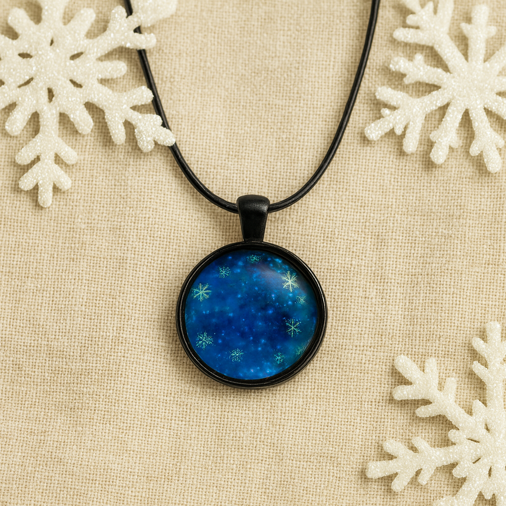 Snowflake Glass Dome Necklace – 25mm Pendant on Black or Silver Base Rope Chain