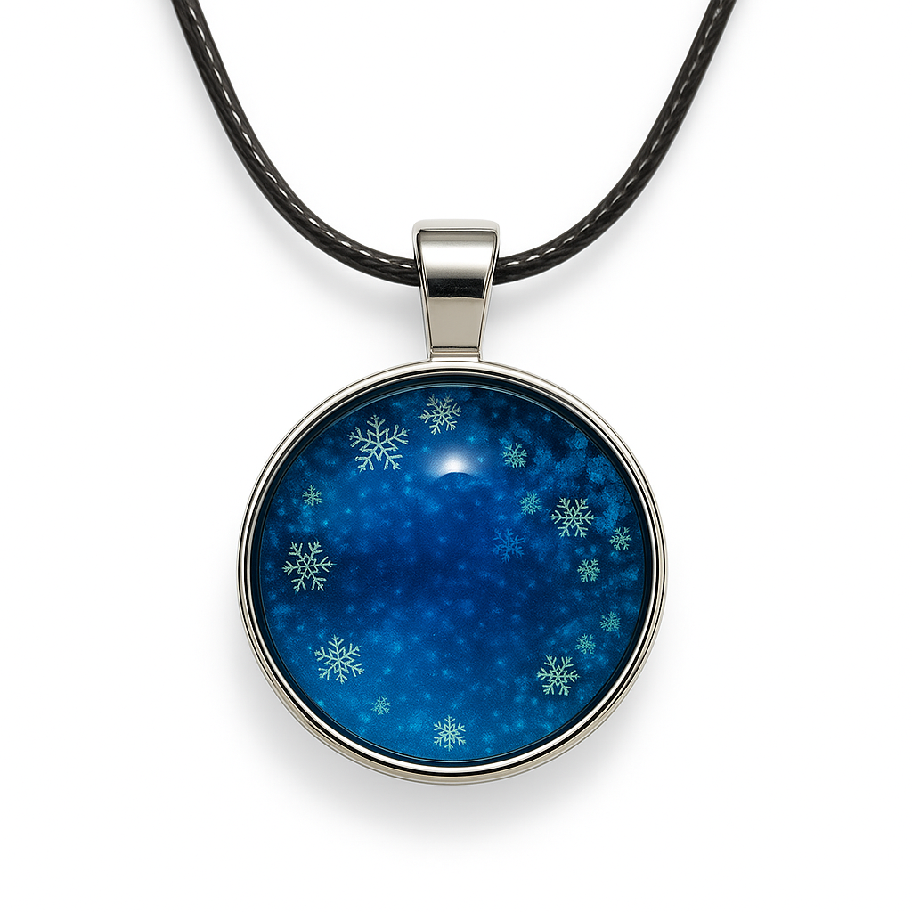 Snowflake Glass Dome Necklace – 25mm Pendant on Black or Silver Base Rope Chain Silver