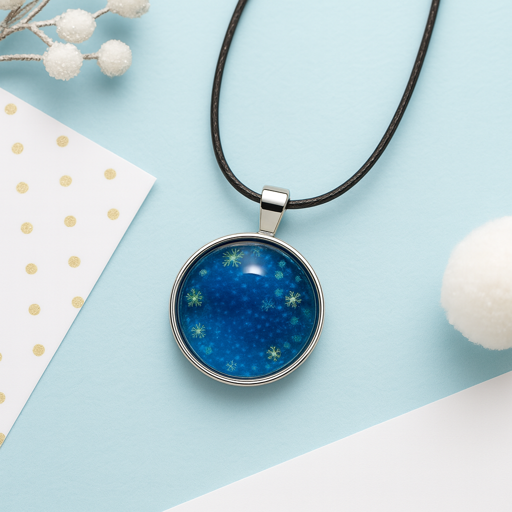 Snowflake Glass Dome Necklace – 25mm Pendant on Black or Silver Base Rope Chain