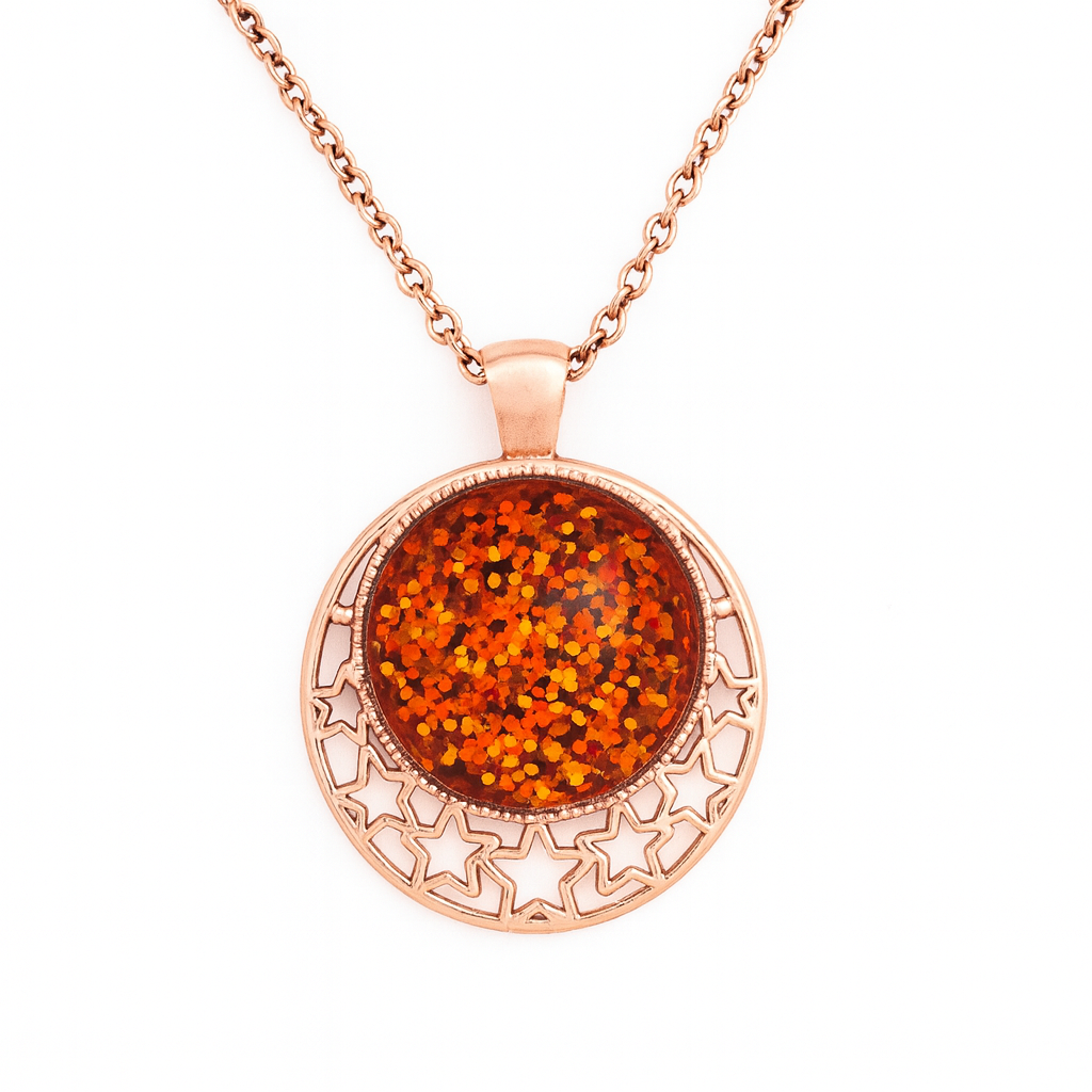 Glitter Star Pendant Necklace – Sparkly Dome with Cut-Out Star Design Rose Gold Orange