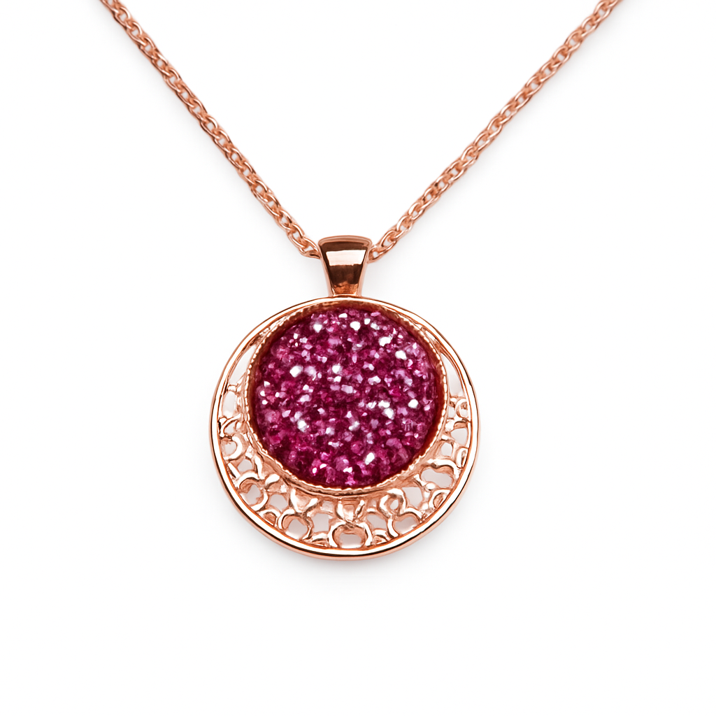 Glitter Star Pendant Necklace – Sparkly Dome with Cut-Out Star Design Rose Gold Pink