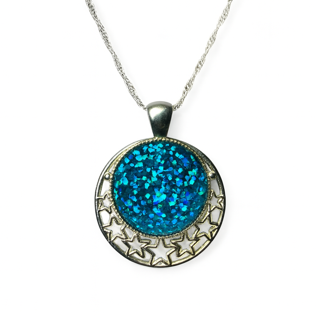 Glitter Star Pendant Necklace – Sparkly Dome with Cut-Out Star Design Silver Blue