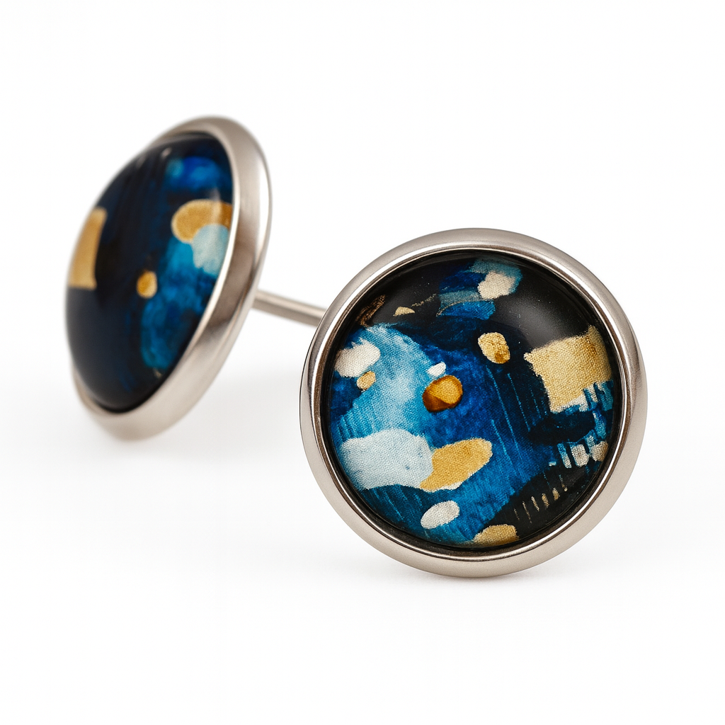 Geometric Glass Cabochon Stud Earrings 12mm | Colourful Artwork Design Silver Plated Style 8