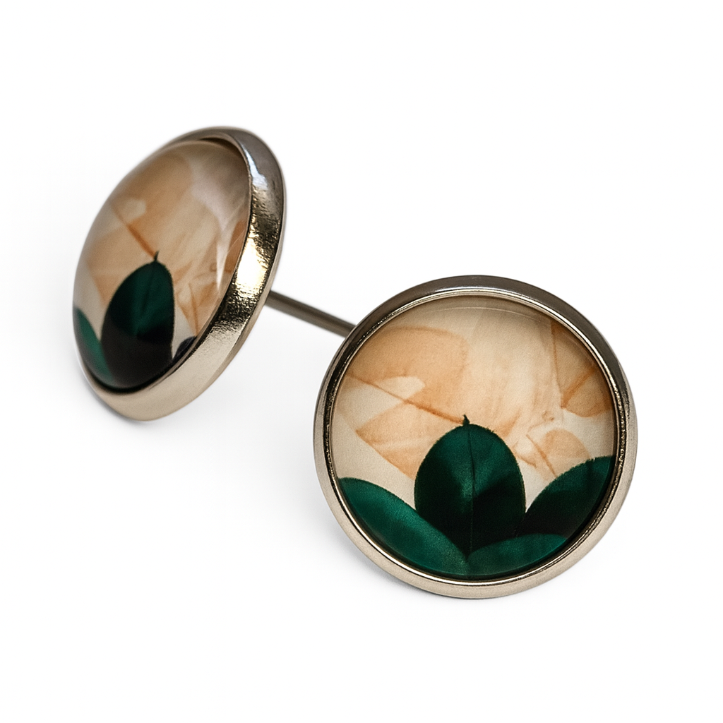 Geometric Glass Cabochon Stud Earrings 12mm | Colourful Artwork Design Silver Plated Style 6