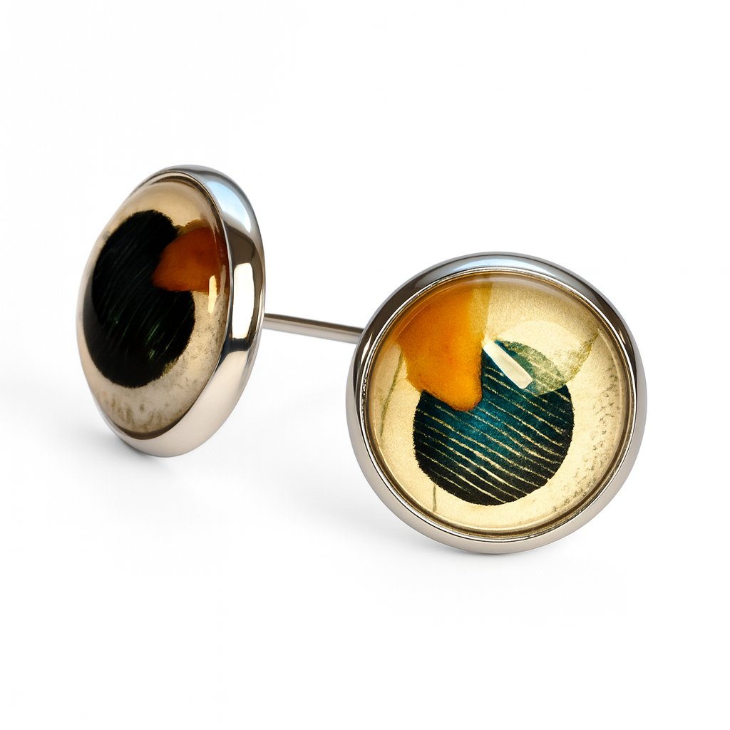 Geometric Glass Cabochon Stud Earrings 12mm | Colourful Artwork Design Silver Plated Style 9