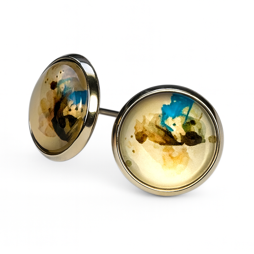 Geometric Glass Cabochon Stud Earrings 12mm | Colourful Artwork Design Silver Plated Style 5
