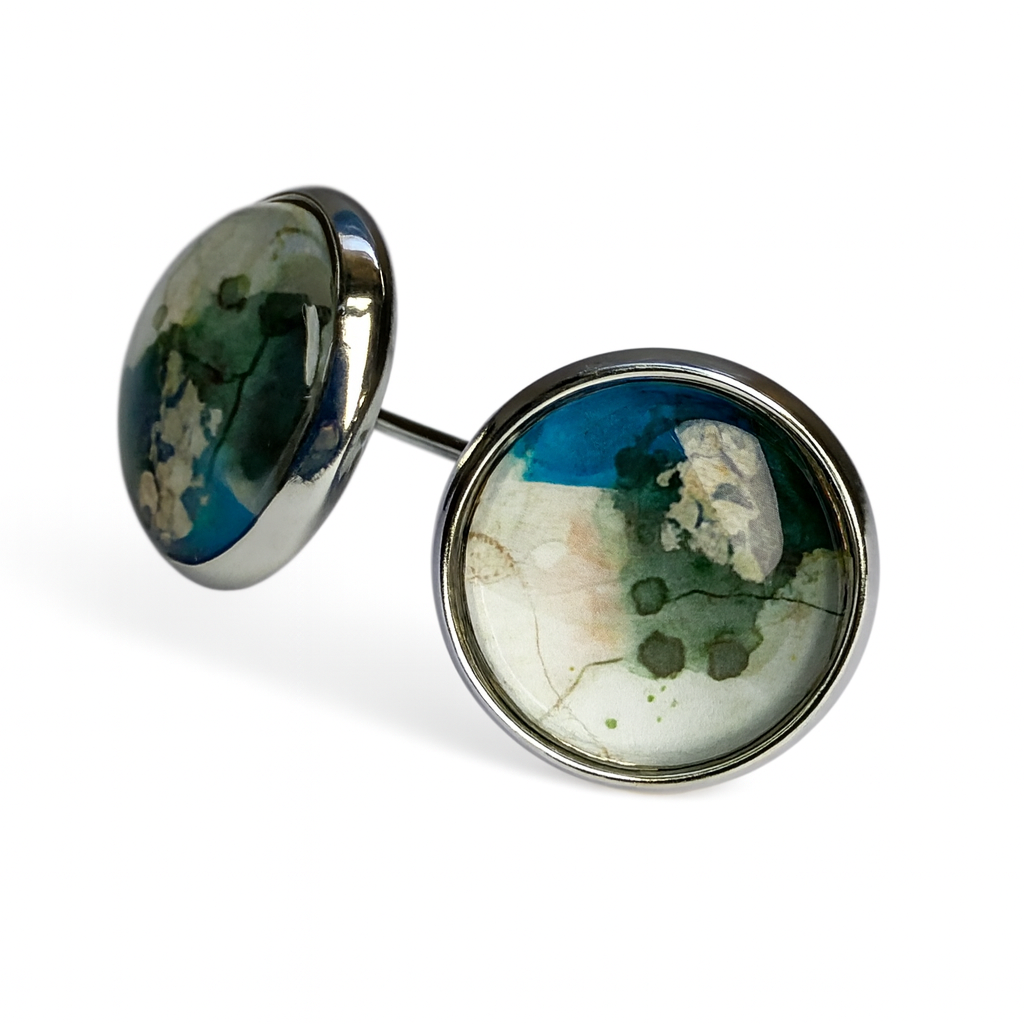 Geometric Glass Cabochon Stud Earrings 12mm | Colourful Artwork Design Silver Plated Style 4