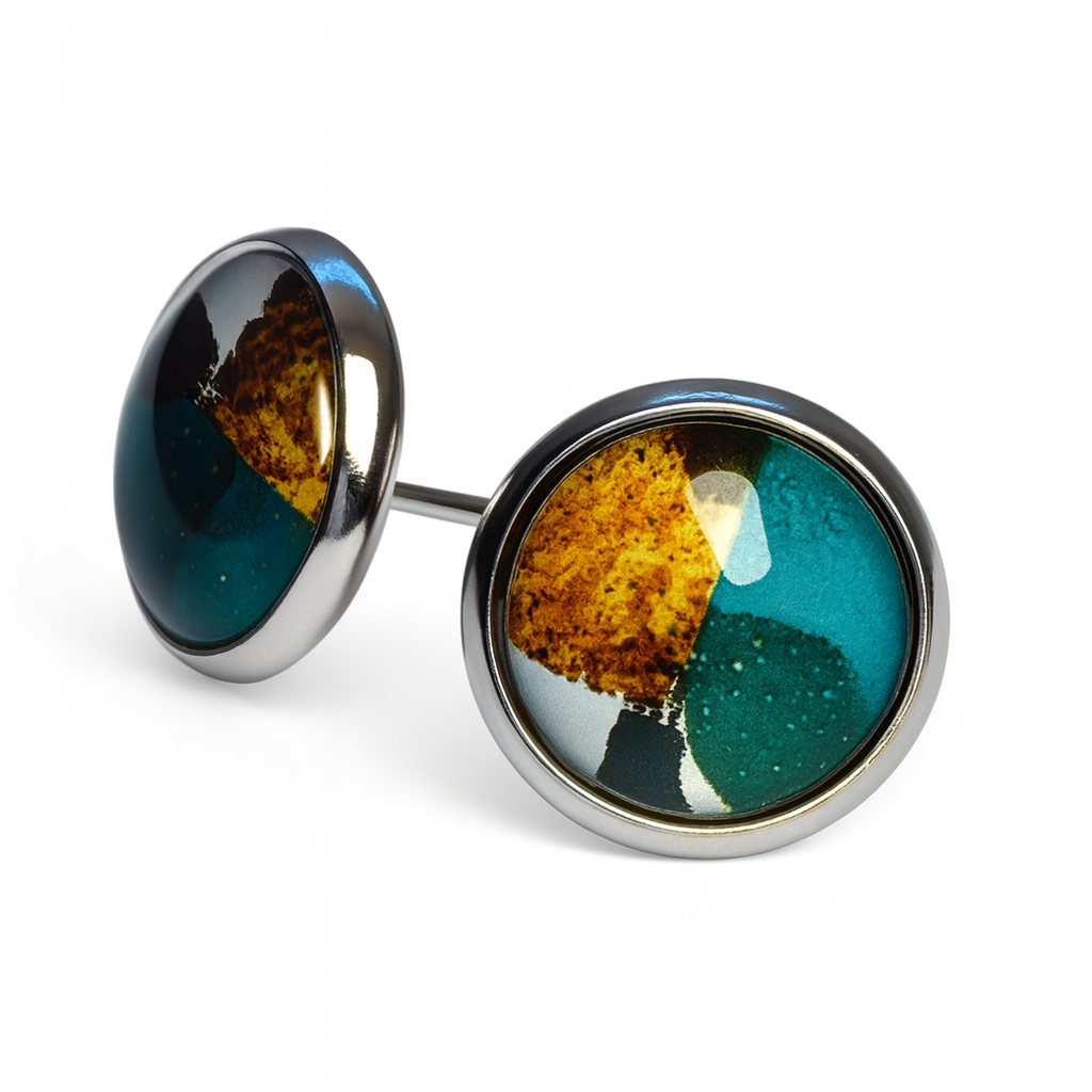 Geometric Glass Cabochon Stud Earrings 12mm | Colourful Artwork Design Silver Plated Style 3