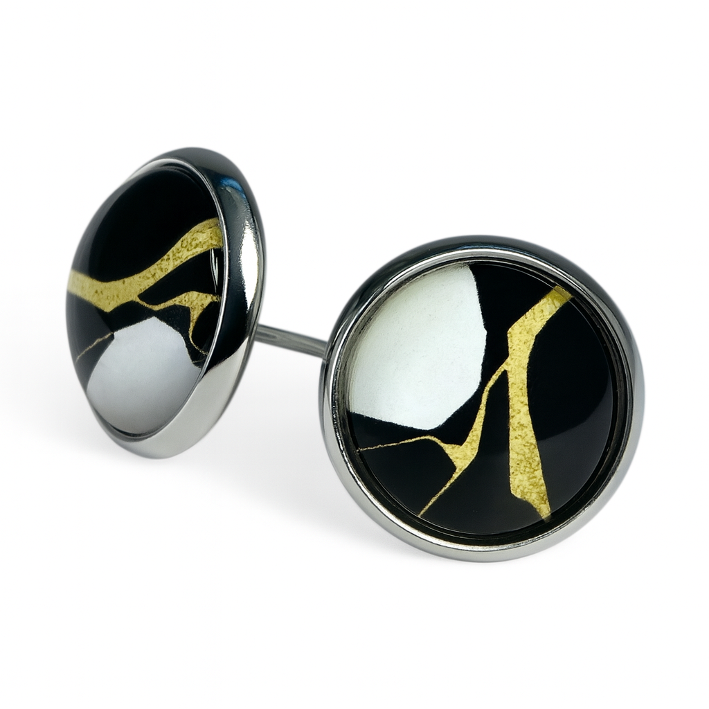 Geometric Glass Cabochon Stud Earrings 12mm | Colourful Artwork Design Silver Plated Style 10
